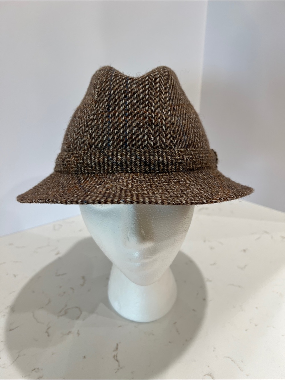 St Michael Vintage Mens Brown Herringbone Tweed Wool Fedora 7 1/4 Made In France